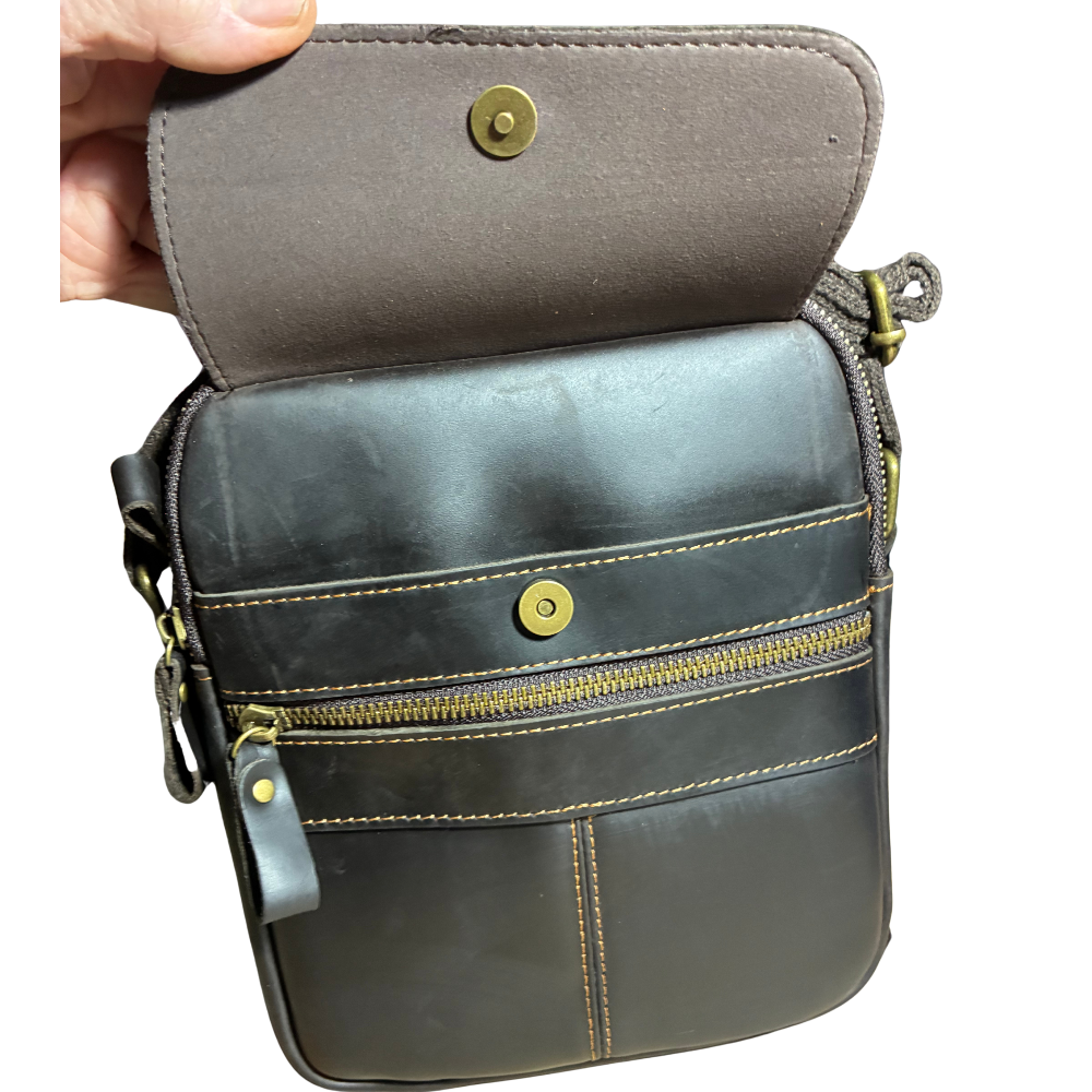 VIVACE SLING BAG: DARK COFFEE BROWN GENUINE Leather Messenger Bag FRONT TOP FLAP LIFTED