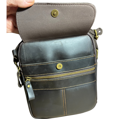 VIVACE SLING BAG: DARK COFFEE BROWN GENUINE Leather Messenger Bag FRONT TOP FLAP LIFTED