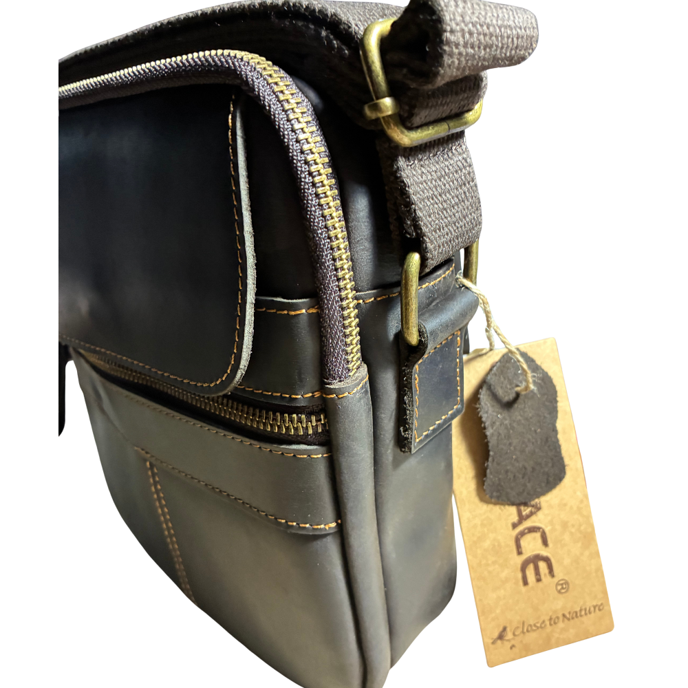 VIVACE SLING BAG: DARK COFFEE BROWN GENUINE Leather Messenger Bag SIDE TURN VIEW