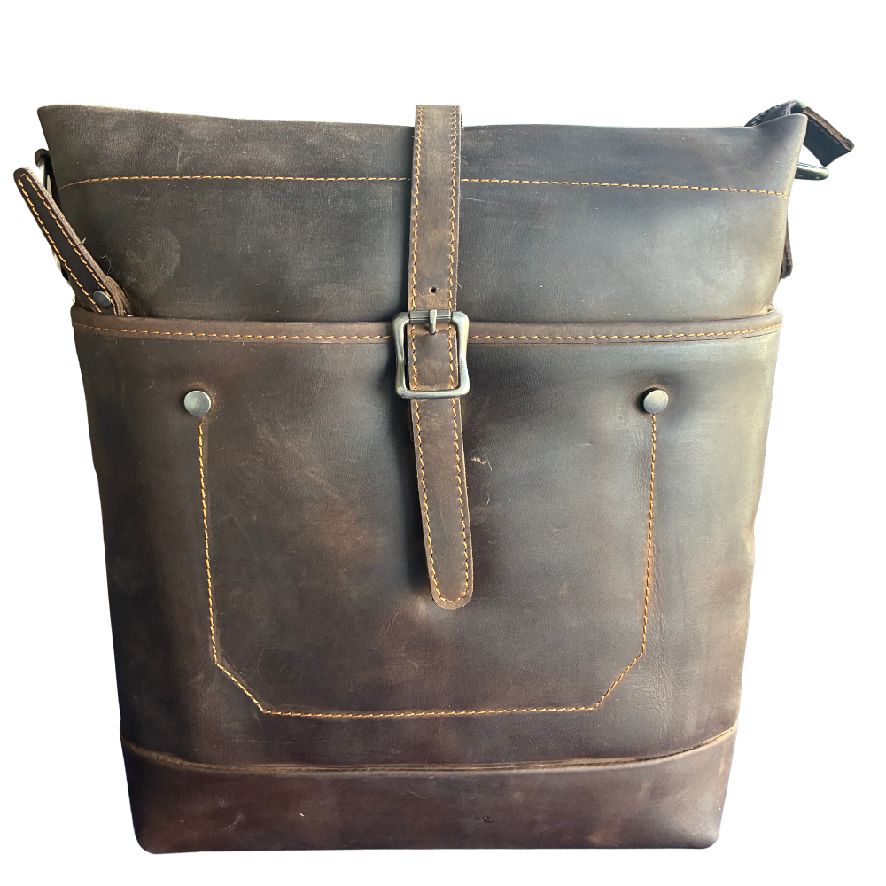 VIVACE SLING BAG: MOCHA BROWN Genuine Leather Messenger Bag FRONT FULL VIEW