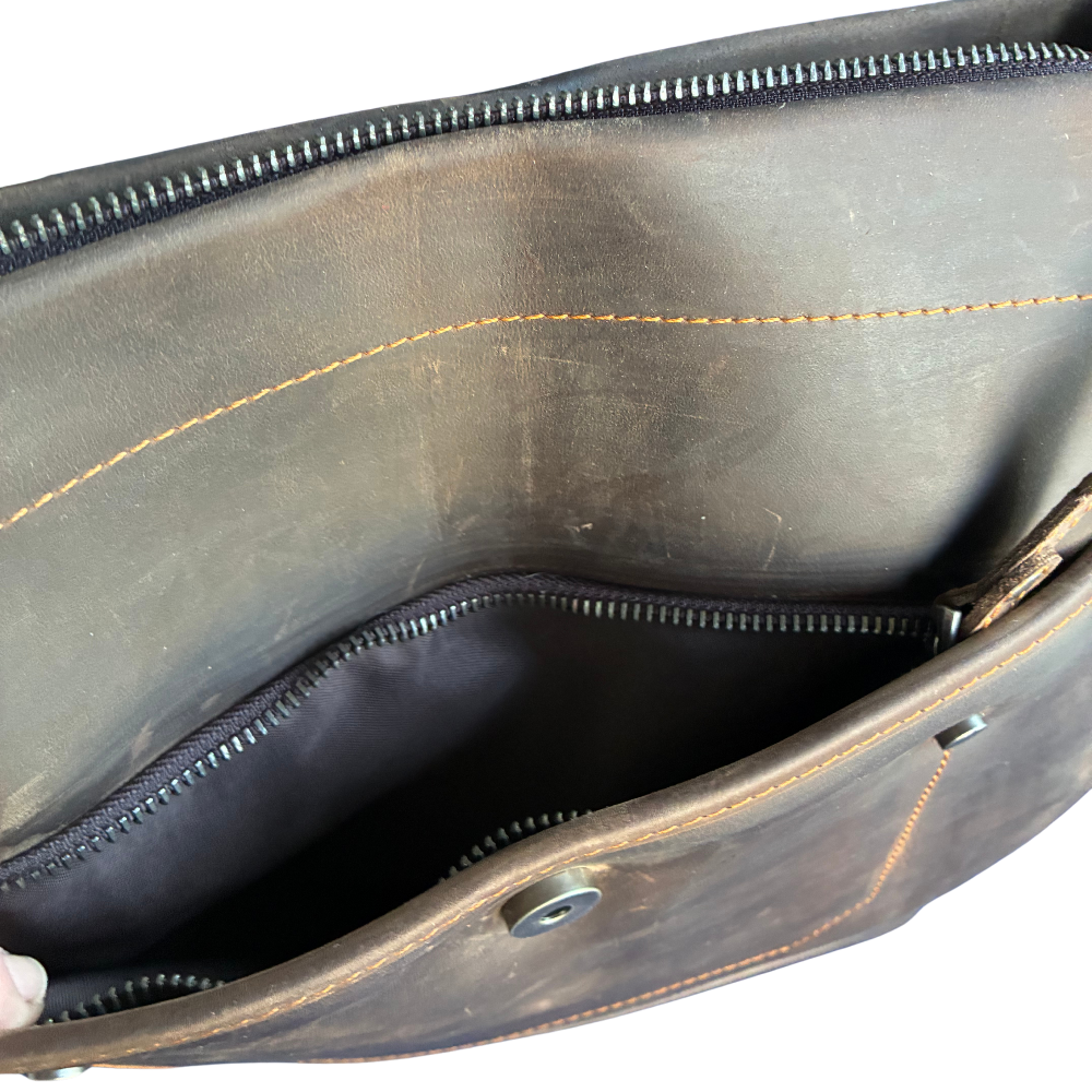 VIVACE SLING BAG: MOCHA BROWN Genuine Leather Messenger Bag FRONT POCKET OPEN