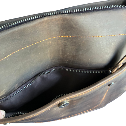 VIVACE SLING BAG: MOCHA BROWN Genuine Leather Messenger Bag FRONT POCKET OPEN