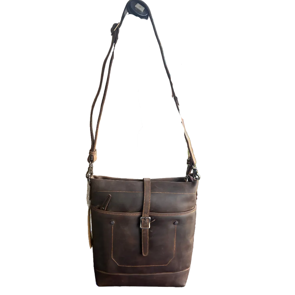 VIVACE SLING BAG: MOCHA BROWN Genuine Leather Messenger Bag HANGING