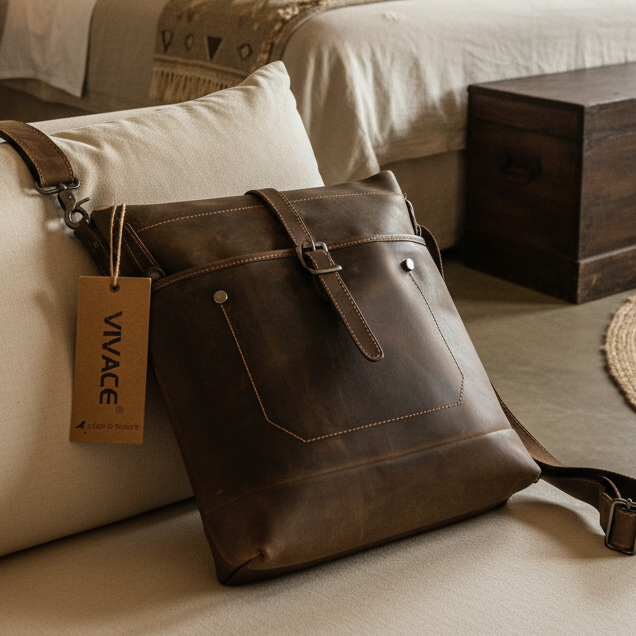 VIVACE SLING BAG: MOCHA BROWN Genuine Leather Messenger Bag HERO