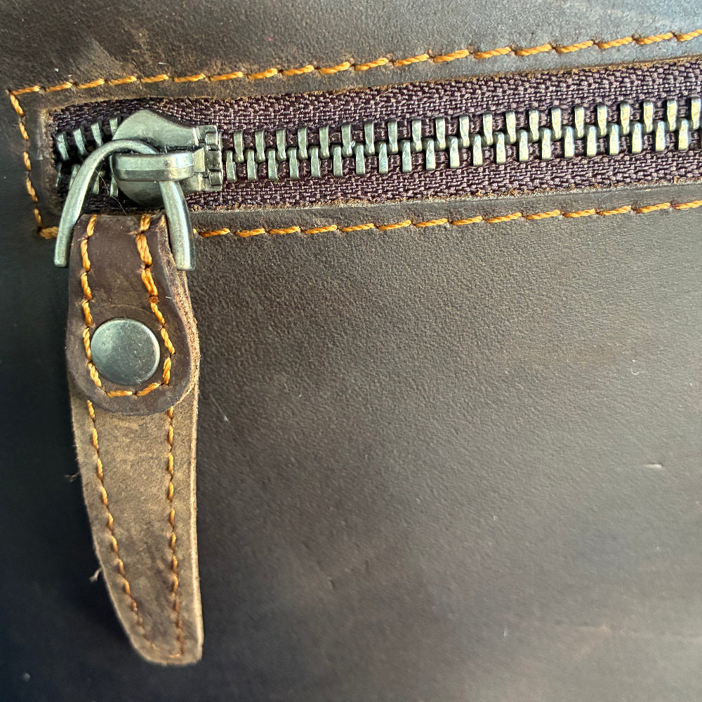 VIVACE SLING BAG: MOCHA BROWN Genuine Leather Messenger Bag ZIP TOGGLE DETAIL
