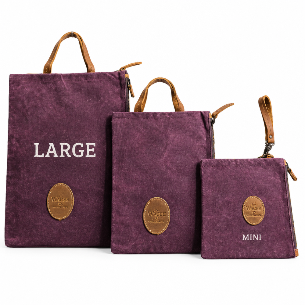 VIVACE SLING BAG: RED Waxed Canvas LARGE hand Sling Bag with genuine leather carry handle LARGE MEDIUM AND MINI FRONT VIEW