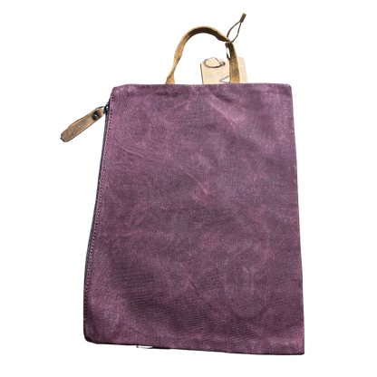 VIVACE SLING BAG: RED Waxed Canvas MEDIUM hand Sling Bag with genuine leather carry handle BACK VIEW