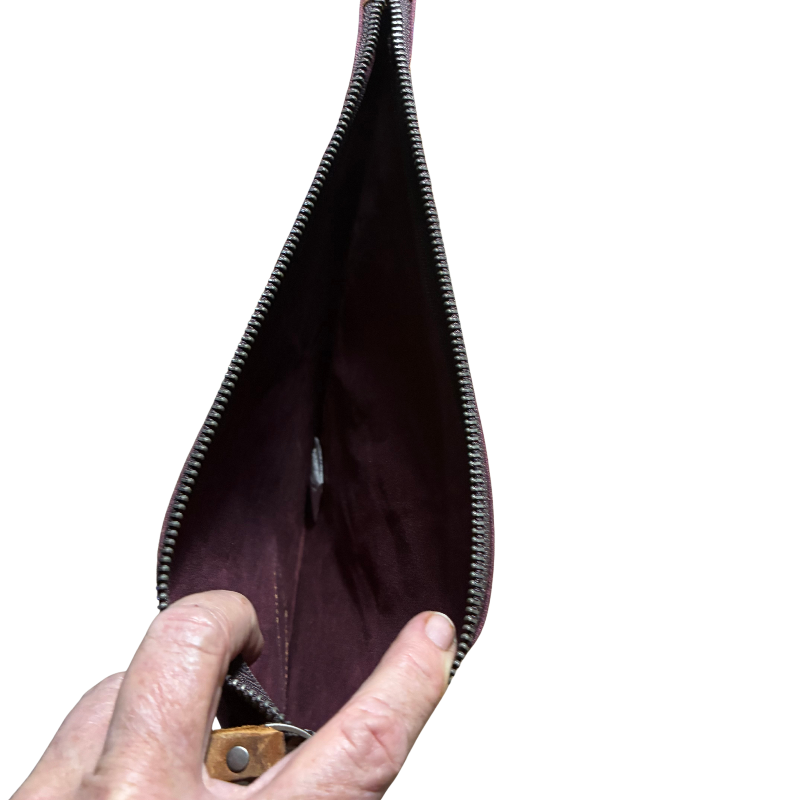 VIVACE SLING BAG: RED Waxed Canvas MEDIUM hand Sling Bag with genuine leather carry handle INNER VIEW