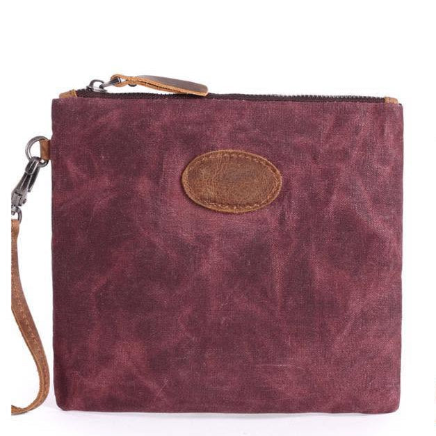 VIVACE SLING BAG: RED Waxed Canvas mini hand Sling Bag with genuine leather carry clasp front view