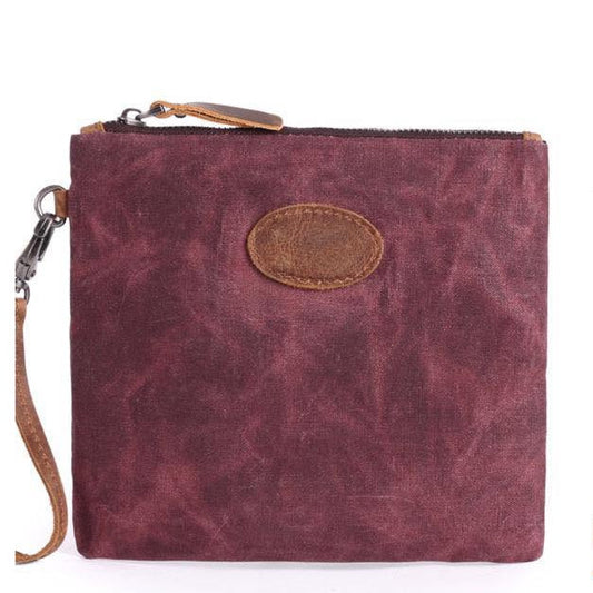 VIVACE SLING BAG: RED Waxed Canvas mini hand Sling Bag with genuine leather carry clasp front view