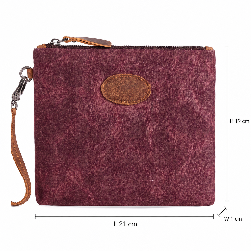 VIVACE SLING BAG: RED Waxed Canvas mini hand Sling Bag with genuine leather carry clasp size