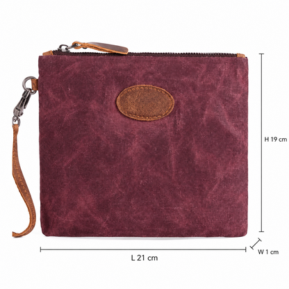 VIVACE SLING BAG: RED Waxed Canvas mini hand Sling Bag with genuine leather carry clasp size