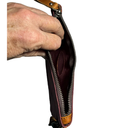 VIVACE SLING BAG: RED Waxed Canvas mini hand Sling Bag with genuine leather carry clasp zip closure view