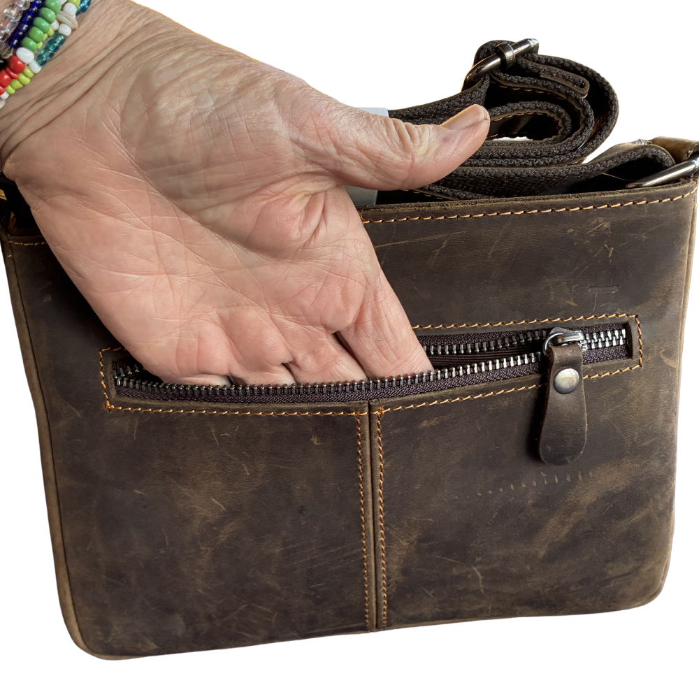 VIVACE SLING BAG: Small COFFEE BROWN Genuine Leather Cross Body Bag FRONT POCKET VIEW