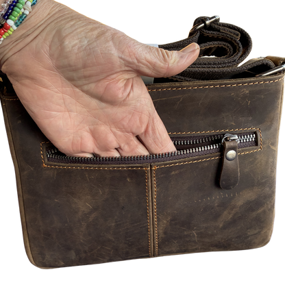 VIVACE SLING BAG: Small COFFEE BROWN Genuine Leather Cross Body Bag FRONT POCKET VIEW