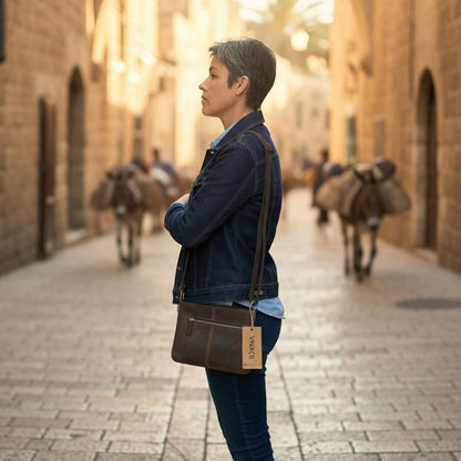 VIVACE SLING BAG: Small COFFEE BROWN Genuine Leather Cross Body Bag LIFESTYLE