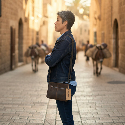 VIVACE SLING BAG: Small COFFEE BROWN Genuine Leather Cross Body Bag LIFESTYLE