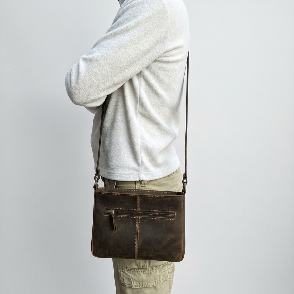 VIVACE SLING BAG: Small COFFEE BROWN Genuine Leather Cross Body Bag  OVER SHOULDER VIEW