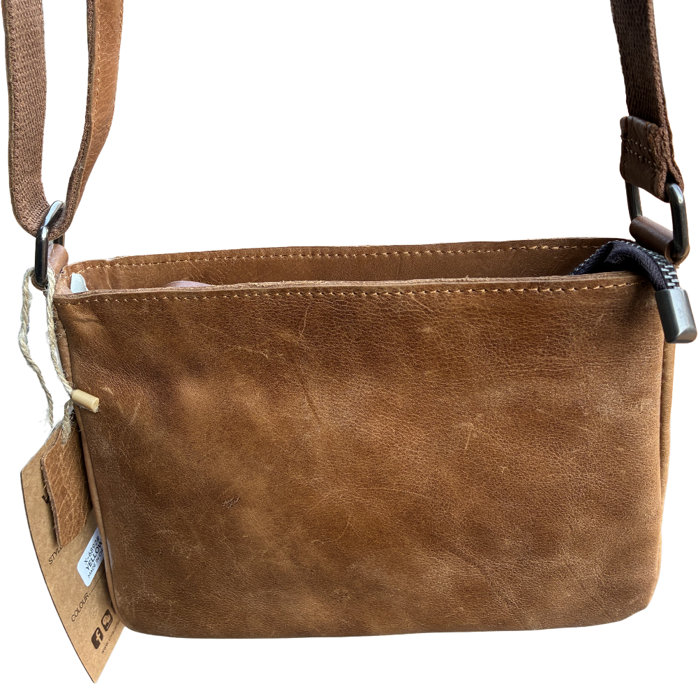 VIVACE SLING BAG: Small TAN BROWN Genuine Leather Cross Body Bag BACK VIEW