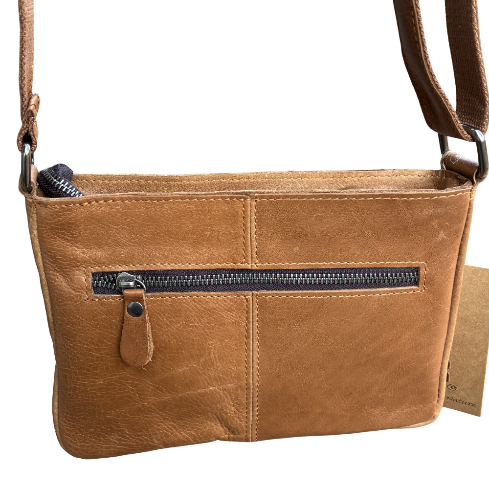 VIVACE SLING BAG: Small TAN BROWN Genuine Leather Cross Body Bag FRONT