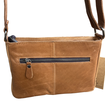 VIVACE SLING BAG: Small TAN BROWN Genuine Leather Cross Body Bag FRONT
