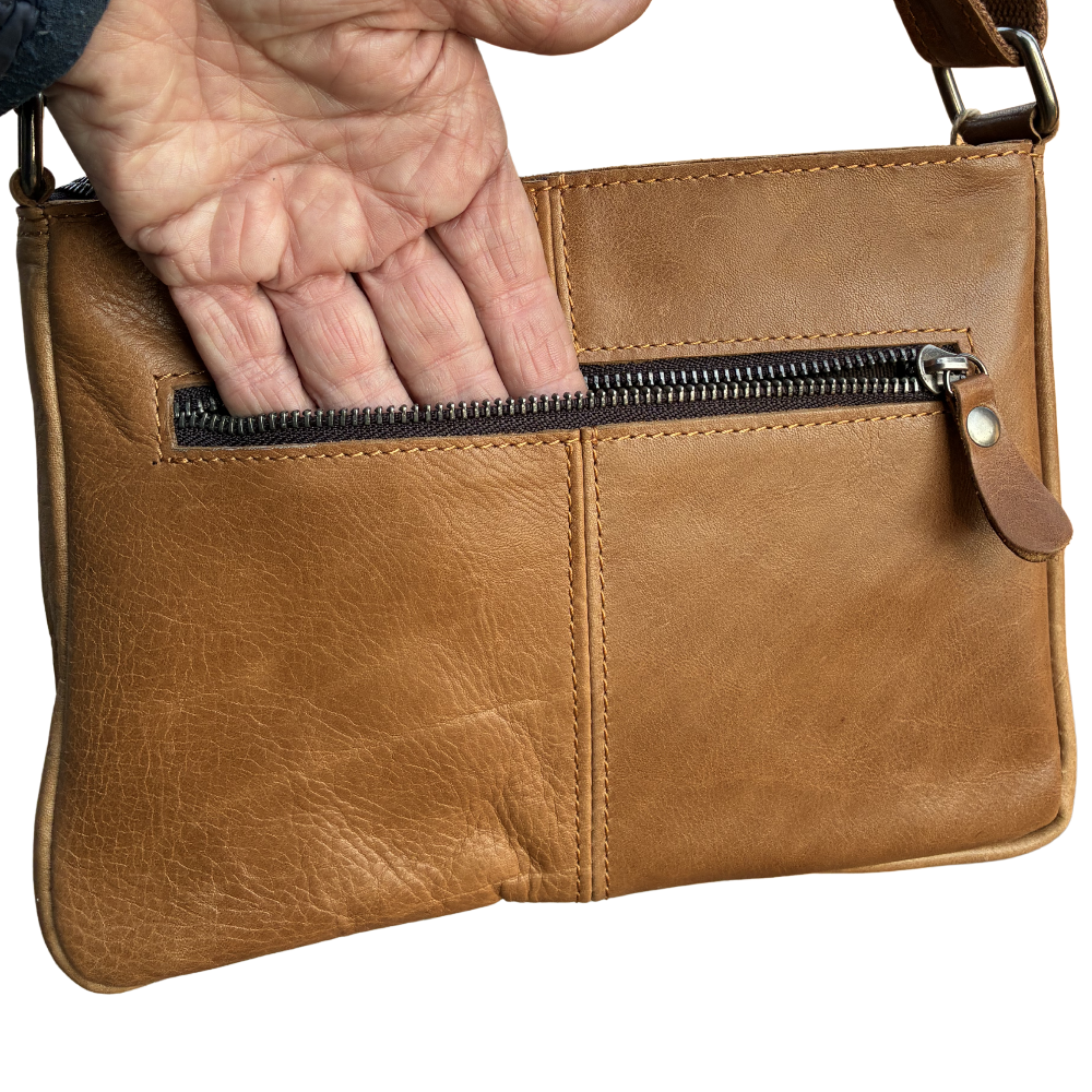 VIVACE SLING BAG: Small TAN BROWN Genuine Leather Cross Body Bag FRONT POCKET VIEW