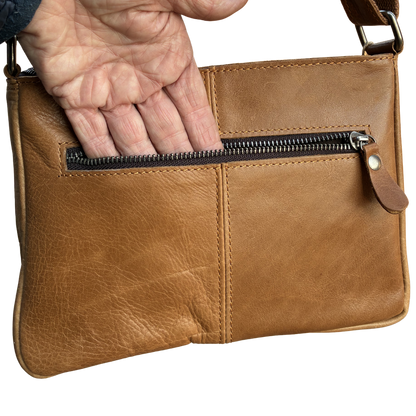 VIVACE SLING BAG: Small TAN BROWN Genuine Leather Cross Body Bag FRONT POCKET VIEW