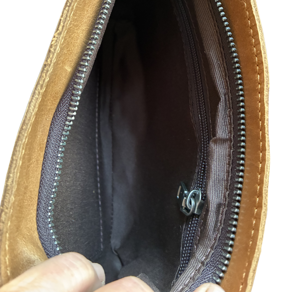 VIVACE SLING BAG: Small TAN BROWN Genuine Leather Cross Body Bag INSIDE