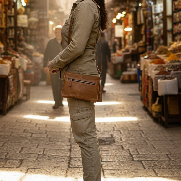 VIVACE SLING BAG: Small TAN BROWN Genuine Leather Cross Body Bag LIFESTYLE