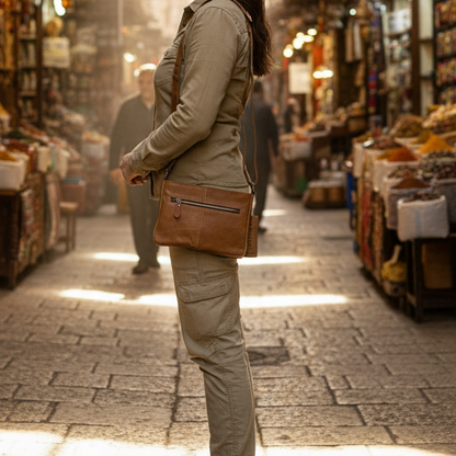 VIVACE SLING BAG: Small TAN BROWN Genuine Leather Cross Body Bag LIFESTYLE