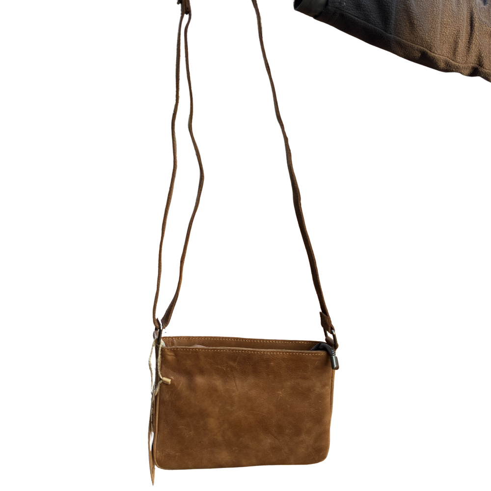 VIVACE SLING BAG: Small TAN BROWN Genuine Leather Cross Body Bag ON SLING
