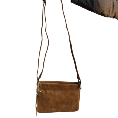 VIVACE SLING BAG: Small TAN BROWN Genuine Leather Cross Body Bag ON SLING