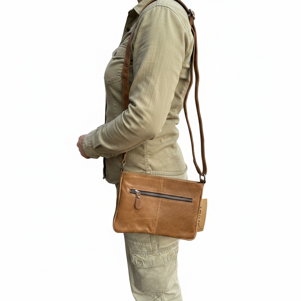 VIVACE SLING BAG: Small TAN BROWN Genuine Leather Cross Body Bag OVER SHOULDER