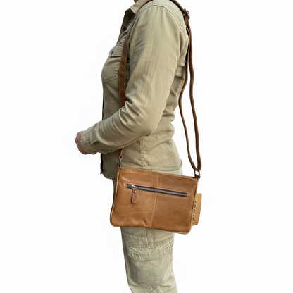 VIVACE SLING BAG: Small TAN BROWN Genuine Leather Cross Body Bag OVER SHOULDER