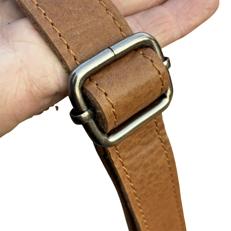 VIVACE SLING BAG: Small TAN BROWN Genuine Leather Cross Body Bag SLING ADJUSTABLE BUCKLE