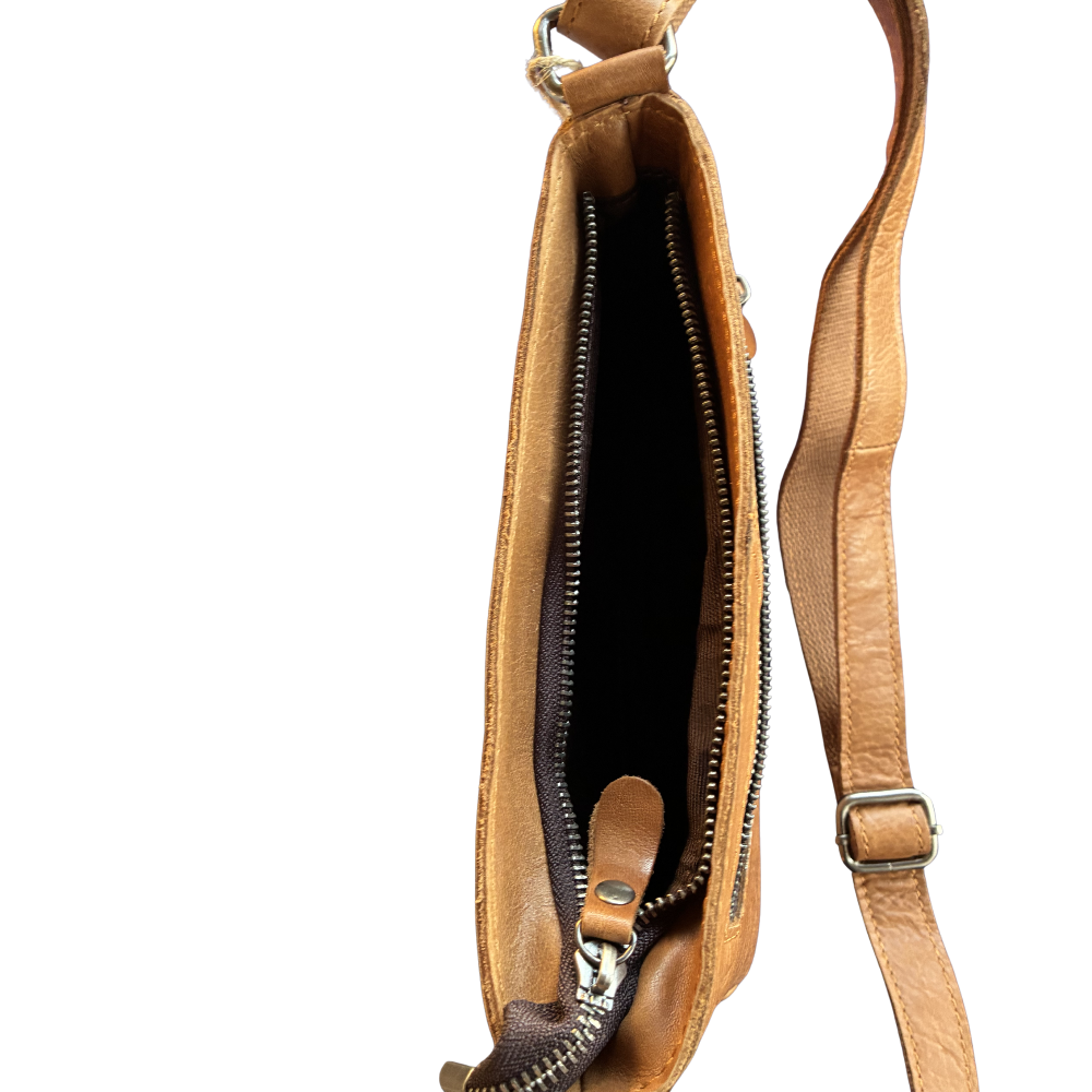 VIVACE SLING BAG: Small TAN BROWN Genuine Leather Cross Body Bag TOP ZIP OPEN