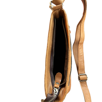 VIVACE SLING BAG: Small TAN BROWN Genuine Leather Cross Body Bag TOP ZIP OPEN
