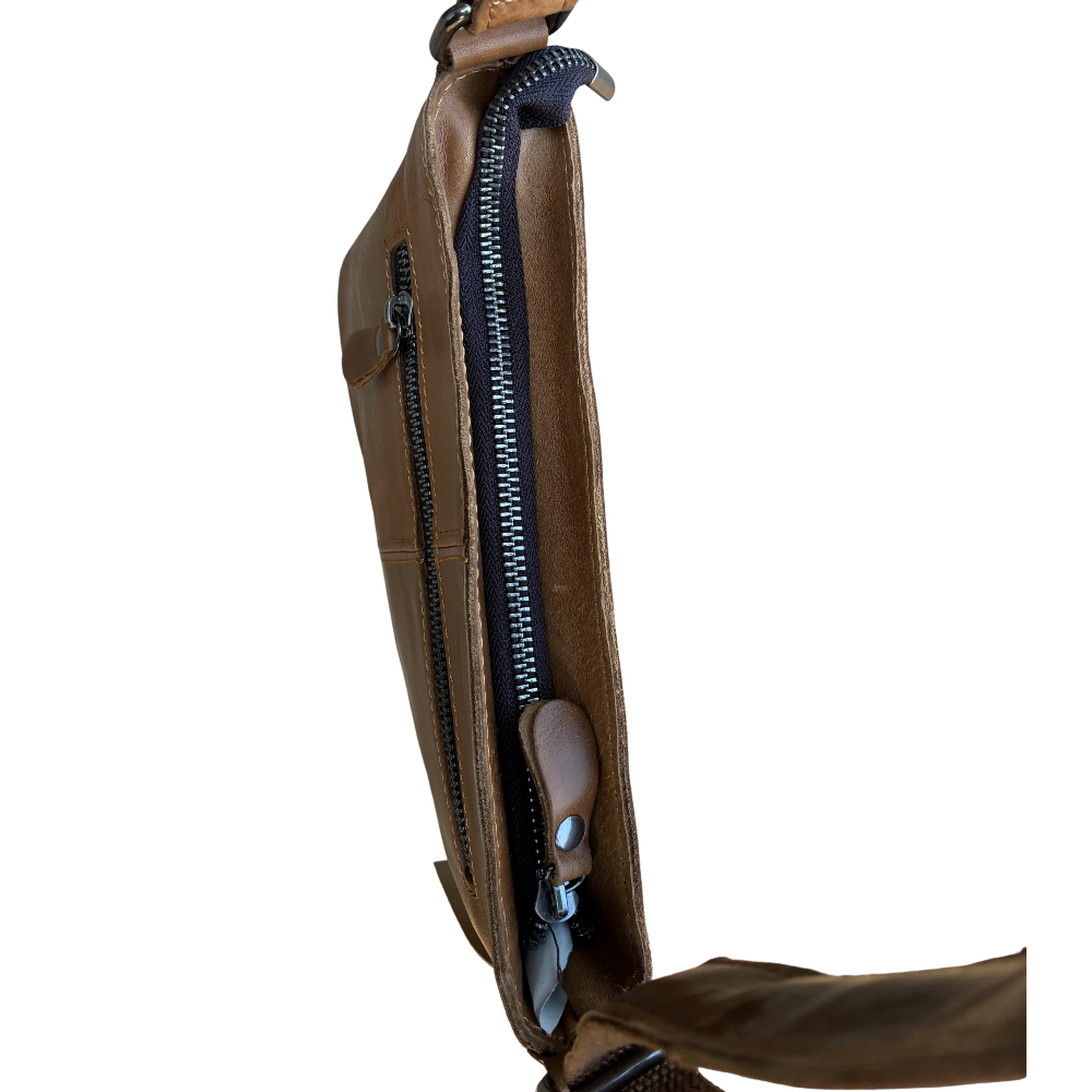 VIVACE SLING BAG: Small TAN BROWN Genuine Leather Cross Body Bag TOP ZIP VIEW