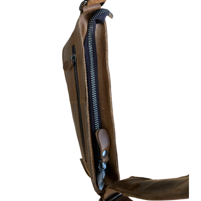 VIVACE SLING BAG: Small TAN BROWN Genuine Leather Cross Body Bag TOP ZIP VIEW