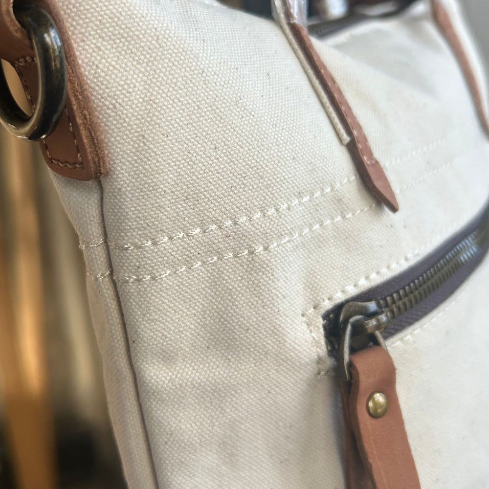 VIVACE SLING BAG: WHITE CANVAS with Genuine LEATHER Trim DETAIL