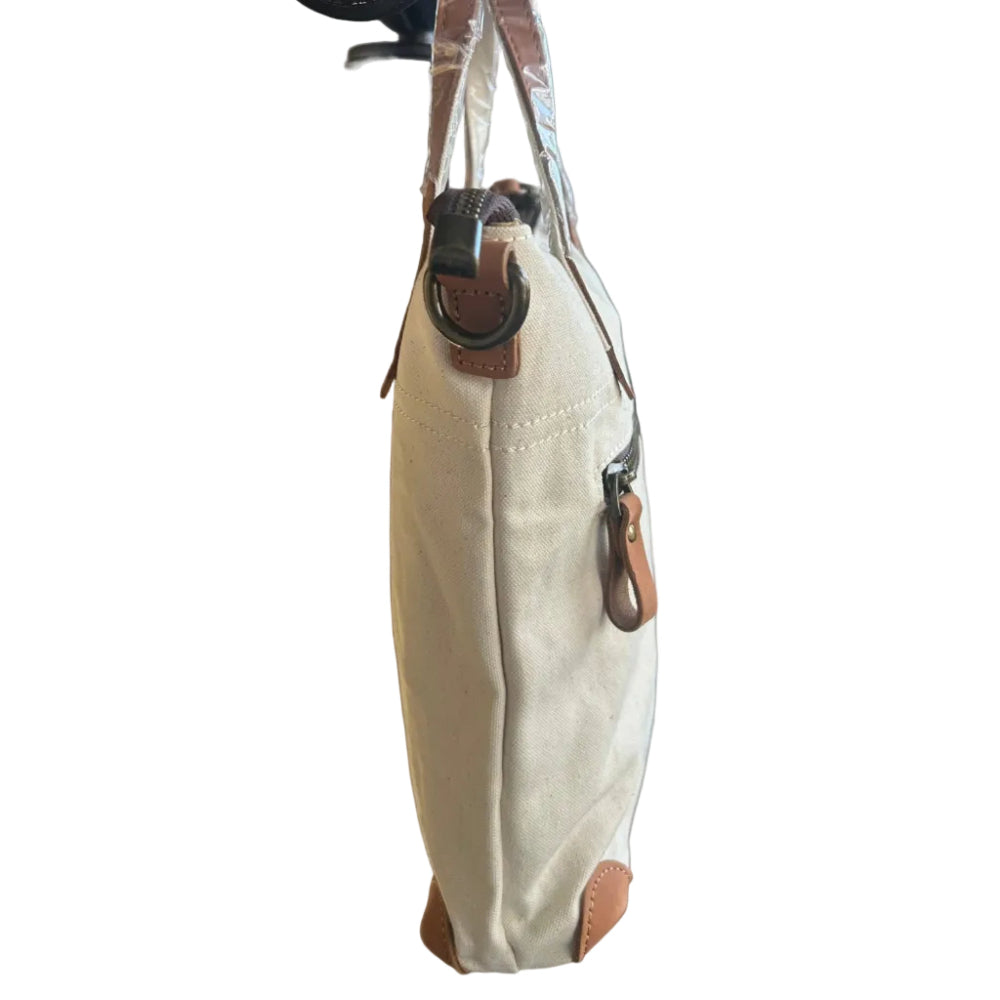 VIVACE SLING BAG: WHITE CANVAS with Genuine LEATHER Trim SIDE