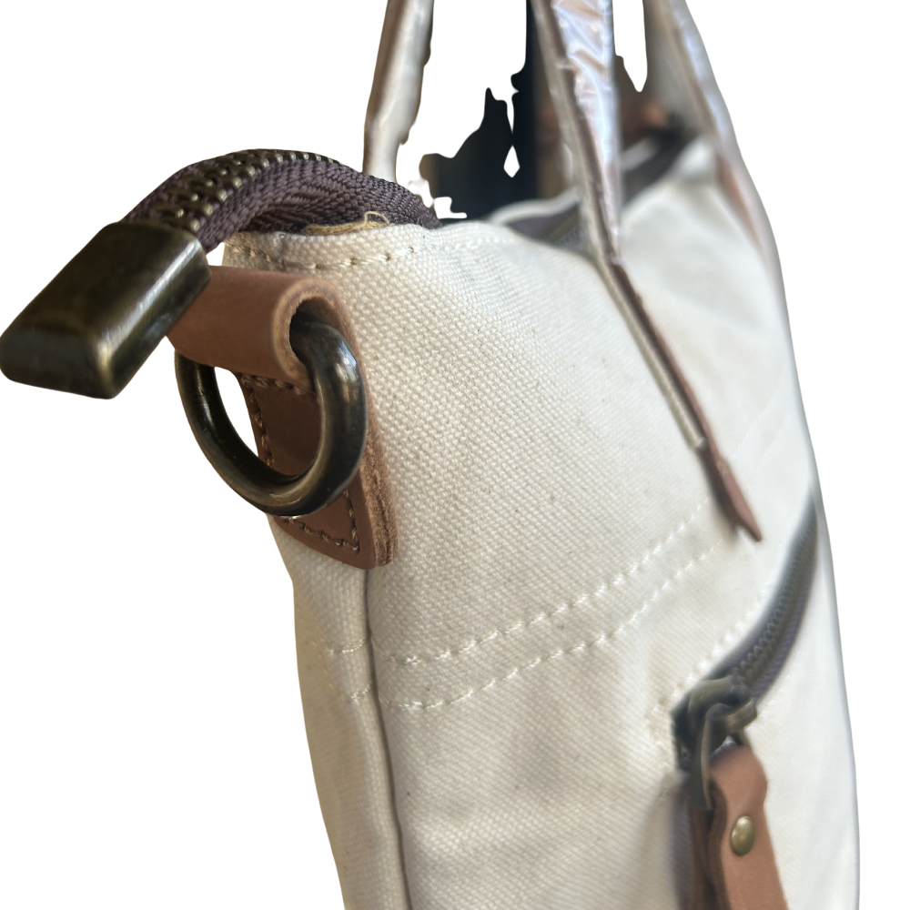 VIVACE SLING BAG: WHITE CANVAS with Genuine LEATHER Trim SLING RING