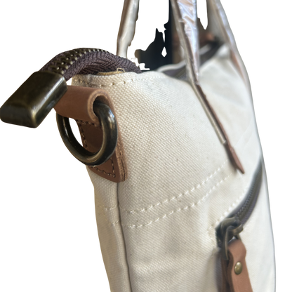 VIVACE SLING BAG: WHITE CANVAS with Genuine LEATHER Trim SLING RING