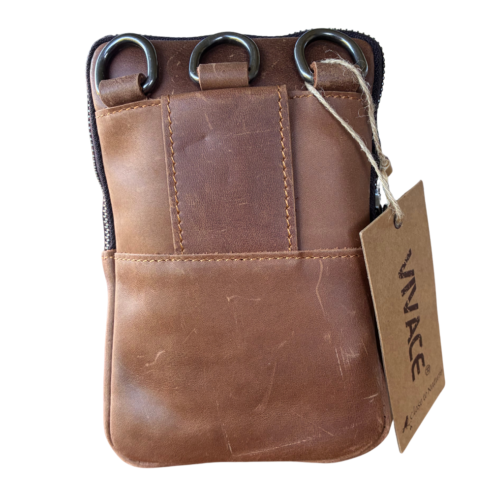 VIVACE Sling Bag: BROWN GENUINE Leather Vertical Small Cross Body/ Belt bag BACK VIEW