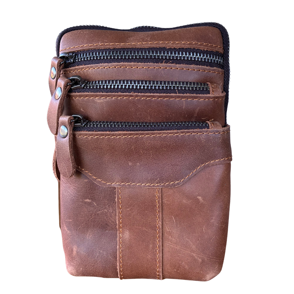 VIVACE Sling Bag: BROWN GENUINE Leather Vertical Small Cross Body/ Belt bag FRONT VIEW