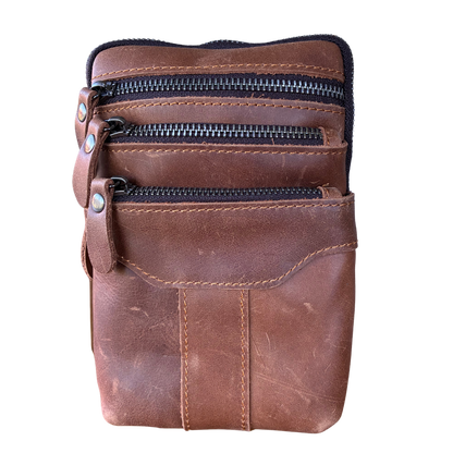 VIVACE Sling Bag: BROWN GENUINE Leather Vertical Small Cross Body/ Belt bag FRONT VIEW