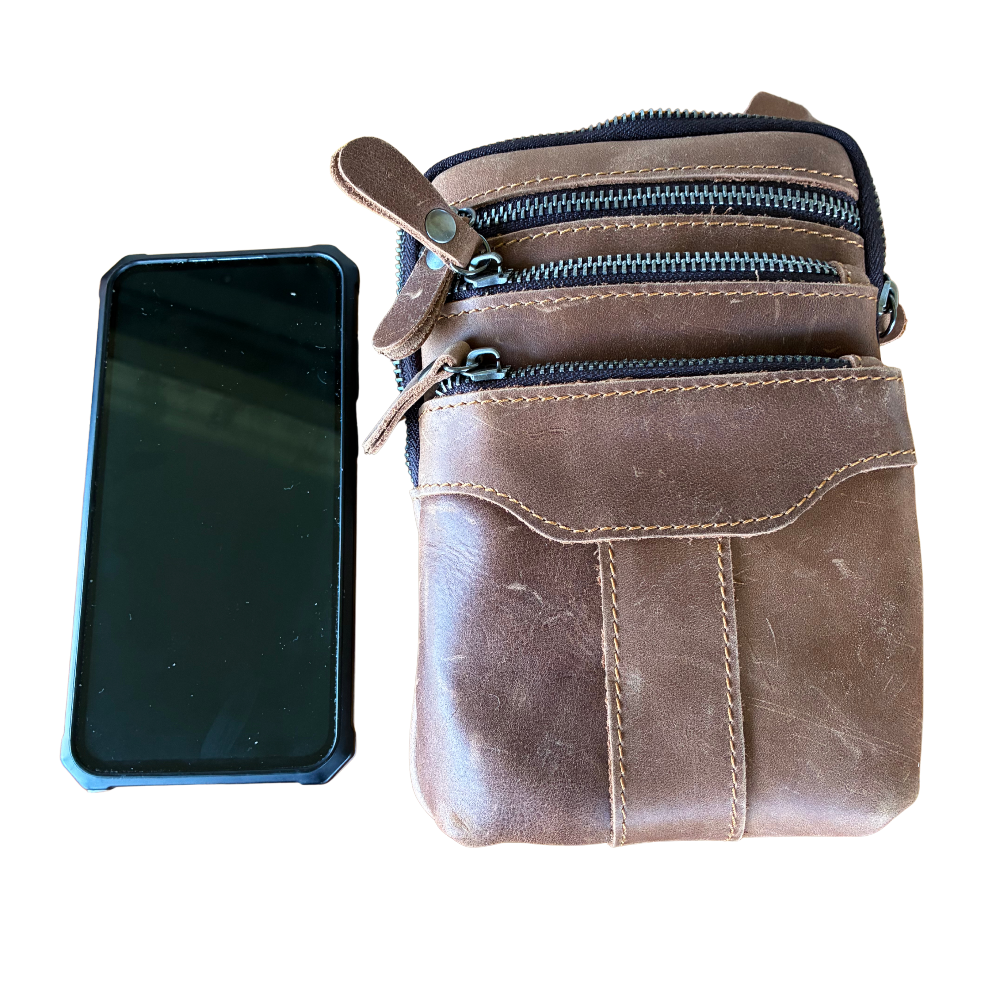 VIVACE Sling Bag: BROWN GENUINE Leather Vertical Small Cross Body/ Belt bag FRONT WITH CELLPHONE INDICATOR