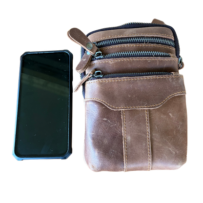 VIVACE Sling Bag: BROWN GENUINE Leather Vertical Small Cross Body/ Belt bag FRONT WITH CELLPHONE INDICATOR