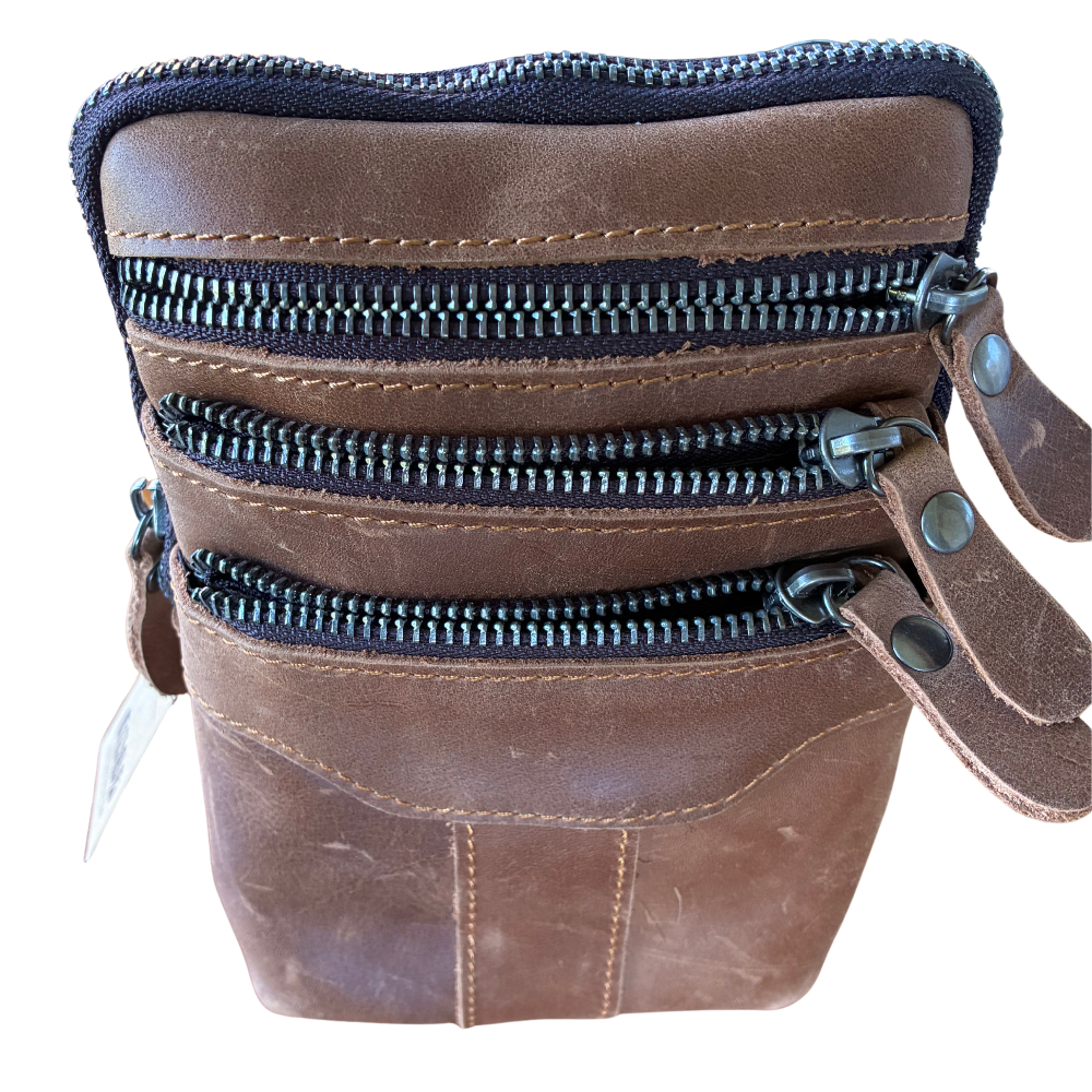 VIVACE Sling Bag: BROWN GENUINE Leather Vertical Small Cross Body/ Belt bag FRONT ZIPPED POCKETS OPEN VIEW