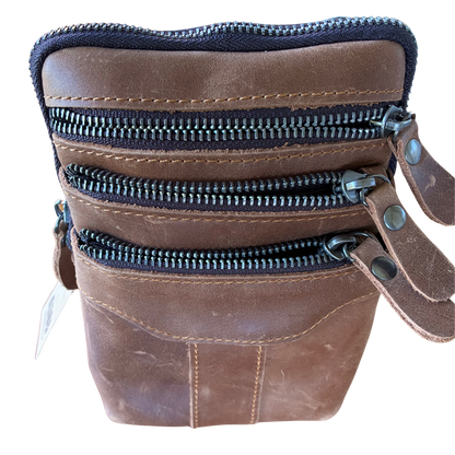 VIVACE Sling Bag: BROWN GENUINE Leather Vertical Small Cross Body/ Belt bag FRONT ZIPPED POCKETS OPEN VIEW